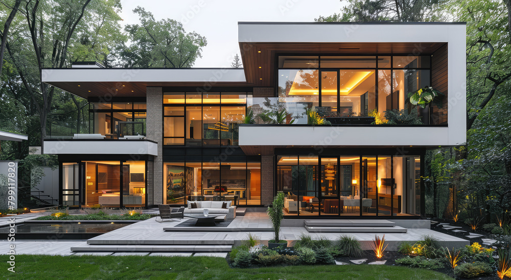 A modern, two-story house with large windows and an exterior of white ...