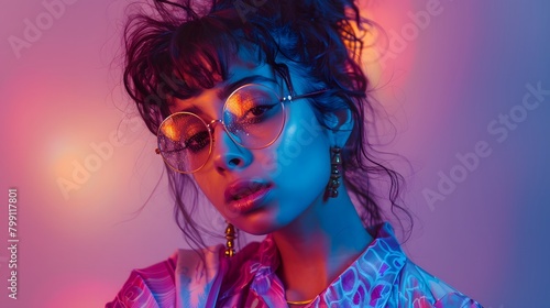 Fashionable Young Woman in Neon Sunglasses and Jacket on bright background