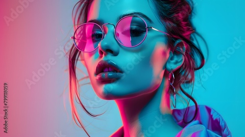 Fashionable Young Woman in Neon Sunglasses and Jacket on bright background
