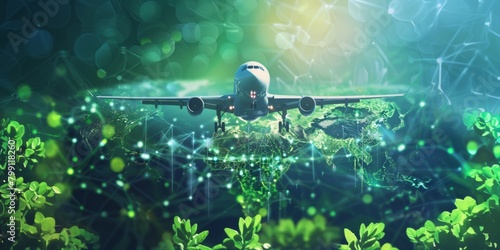 Sustainable Aviation Fuel banner. Airplane with digital interface overlay flying over lush greenery. Green economy and green transportation