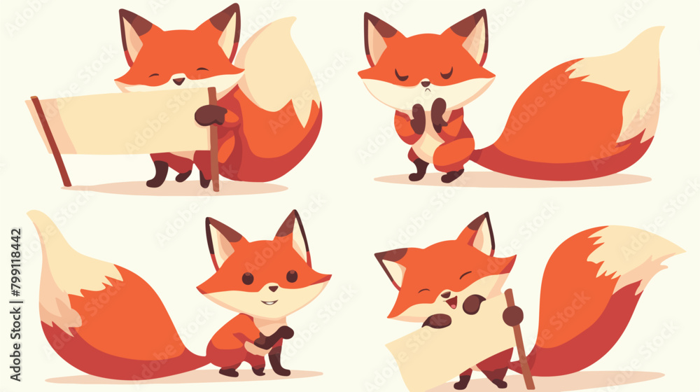 Red cute foxes holding empty banner placard with pl
