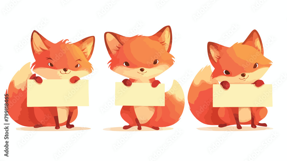 Red cute foxes holding empty banner placard with pl