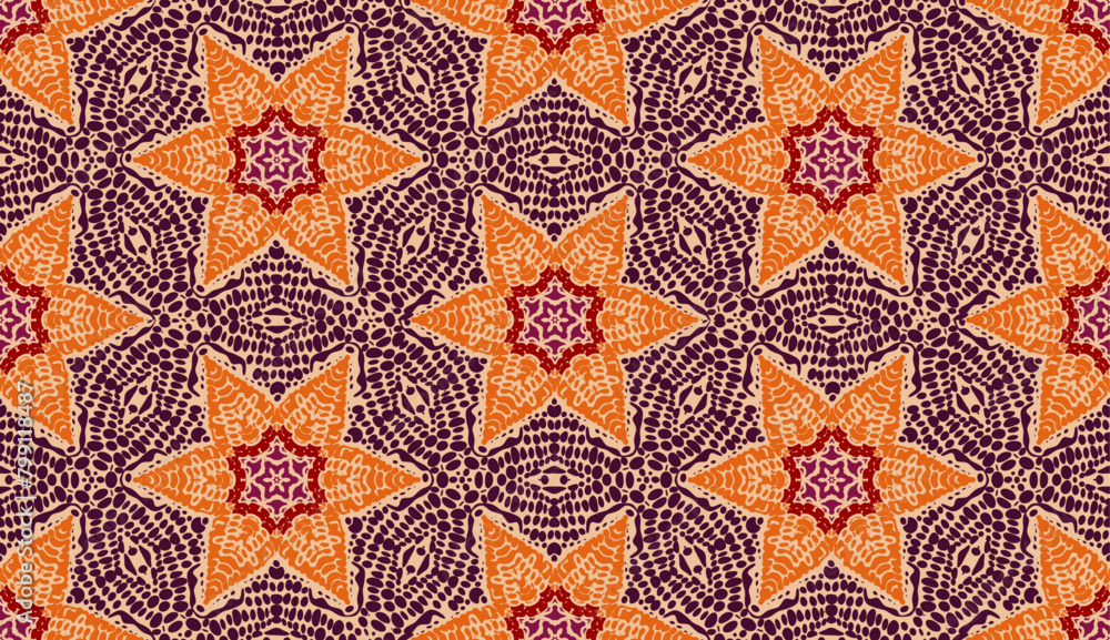 Seamless texture pattern beaded star mosaic in orange gold and dark plum