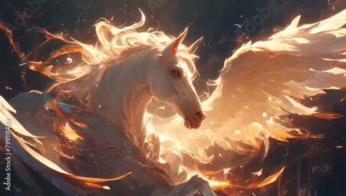 A white horse with wings flying in the style of fantasy art, with a dark background and fire around the white pegasus photo