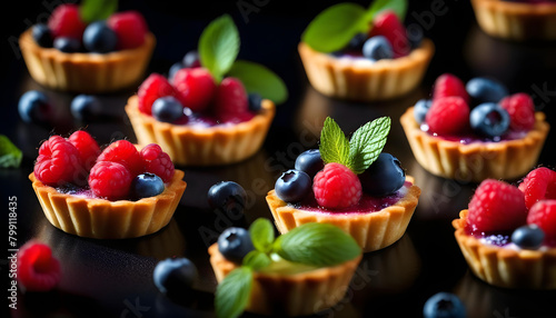 A close-up of tartlets with raspberries and blueberries, topped with mint leaves, on a black background