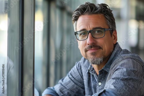 Portrait of a handsome man with glasses and a goatee in a casual shirt. Middle aged male business professional portrait