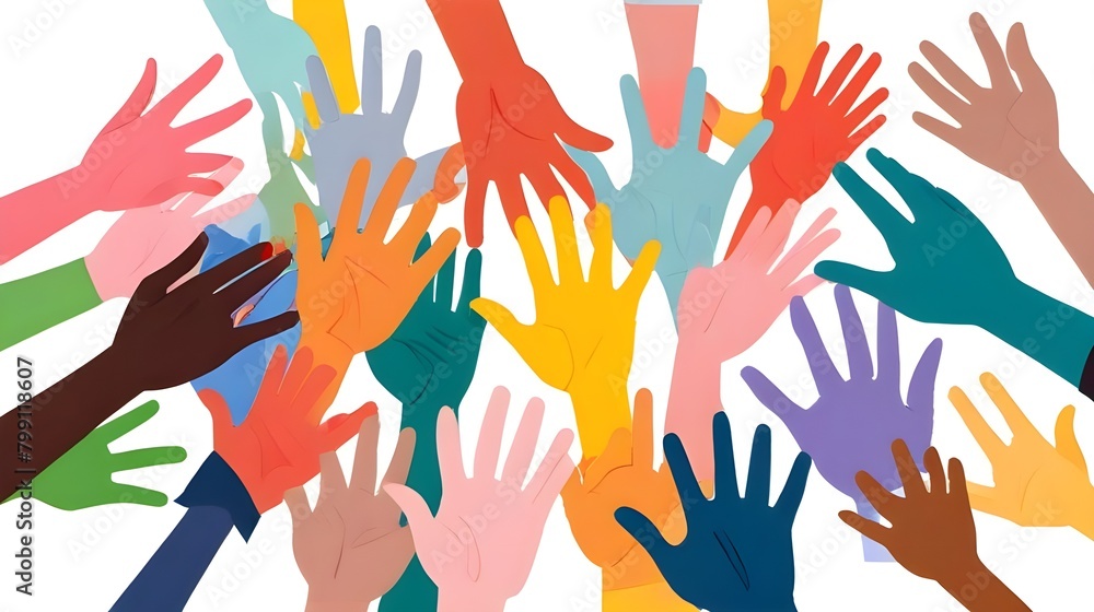 Fototapeta premium Illustration of a group of colorful hands reaching upwards. The hands are made of paper and come in various colors. Diversity and inclusion. White background. Generative AI