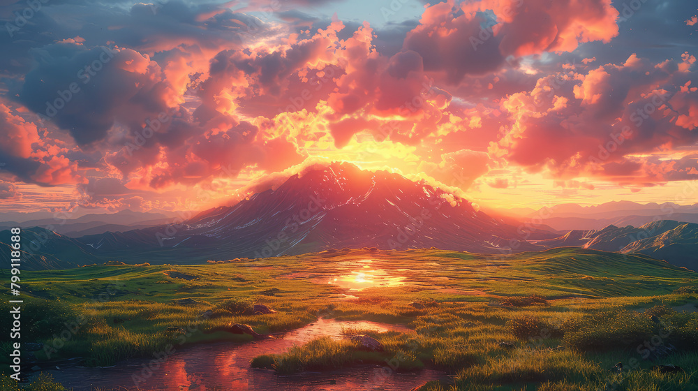 A beautiful landscape of grassy plains with small lake and volcano in the background. Created with Ai