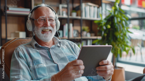 Happy senior man using tablet and headphones to watch video online in a modern cafe.