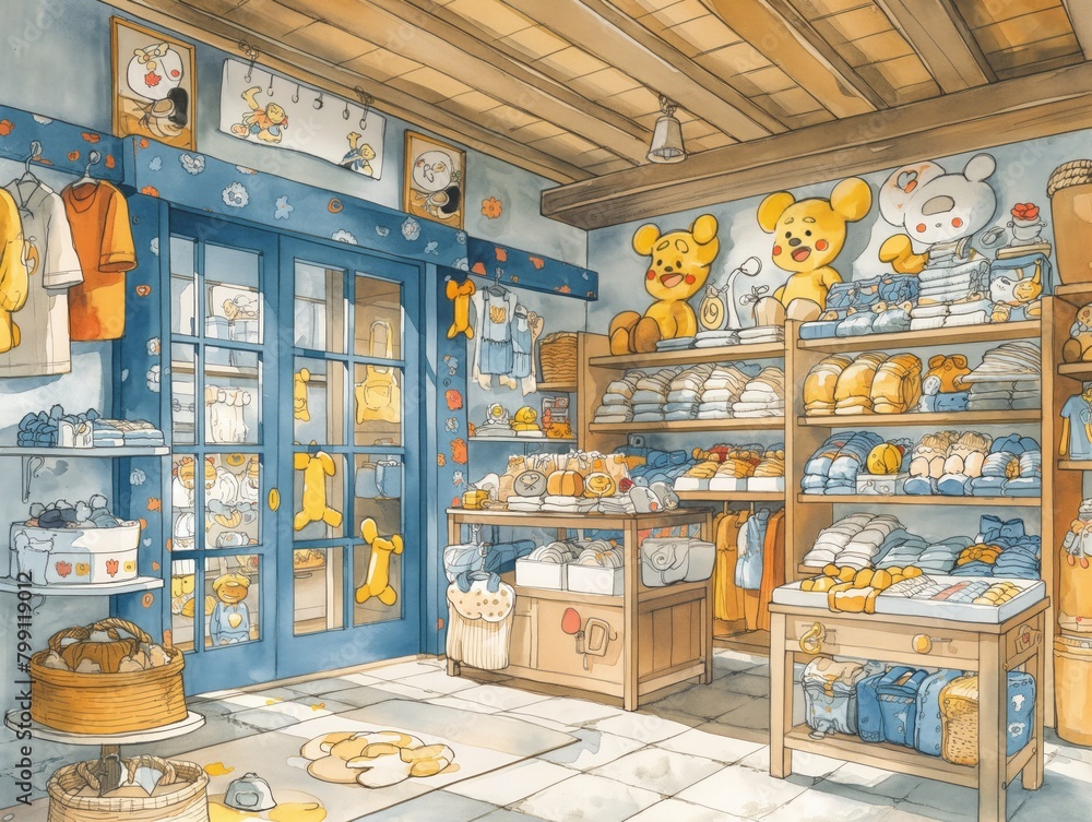 A store with a lot of stuffed animals, including teddy bears. The store is decorated with a lot of cute and colorful items