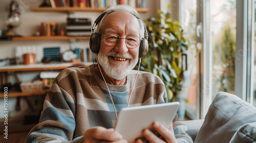 Happy senior man using tablet and headphones to watch video online in a modern cafe.