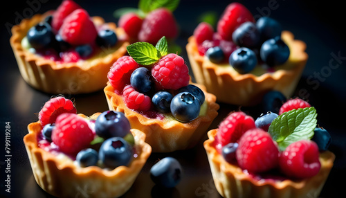 A close-up of tartlets filled with raspberries and blueberries, with a sprig of mint on top, on a black background