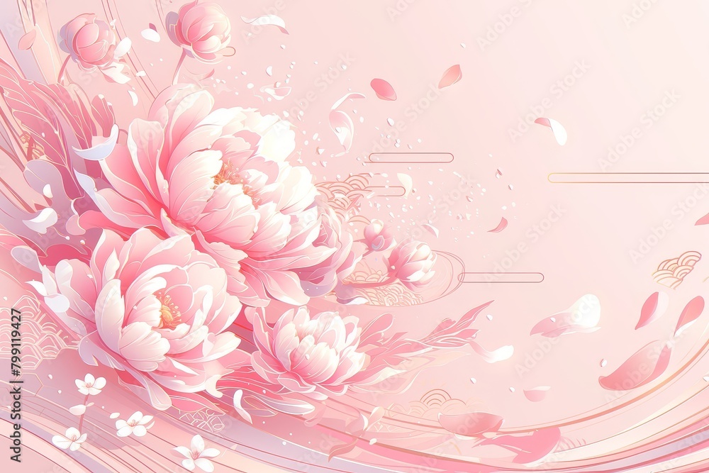 abstract background with pink and purple colored waves, floral elements including peonies, white petals flying in the air