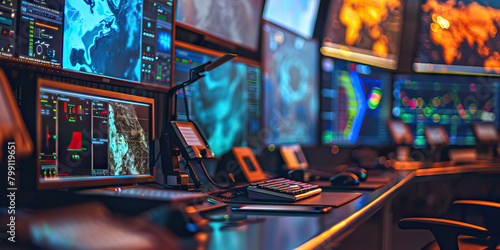 Close-up of a remote sensing scientist's desk with satellite images and data analysis software, illustrating a job in remote sensing photo