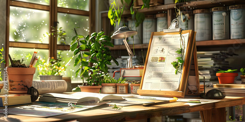 Close-up of a biodynamic farmer's desk with biodynamic farming guides and seed catalogs, representing a job in biodynamic agriculture. photo