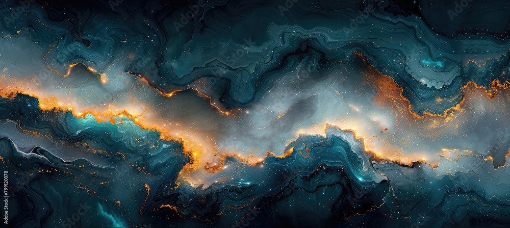 Abstract dark blue and gold marble background with golden glowing elements, smoke swirls, and thunder storm in the sky. Created with Ai