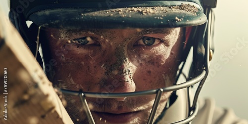 cricket player closeup indian premiere league player macro. Close-up of a sportsman in helmet, face covered in mud