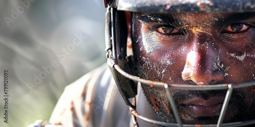 cricket player closeup indian premiere league player macro. Close-up of a sportsman in helmet, face covered in mud