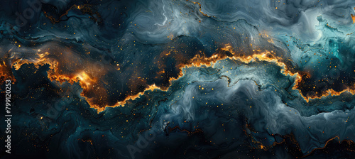 Abstract dark blue and gold liquid flowing, with swirling flames in the background. Created with Ai