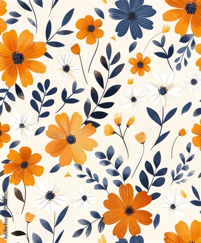 Orange and Blue Flower Pattern on White Background