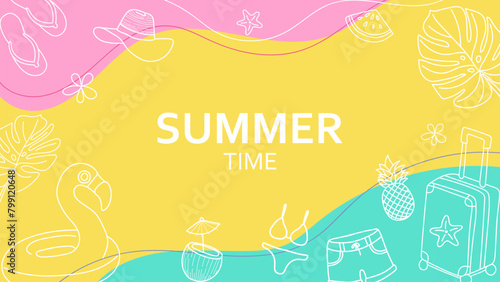Summer time background with hand drawn elements. Vector illustration in flat style