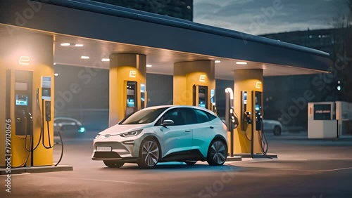 Electric Car Charging at Gas Station Generative AI photo