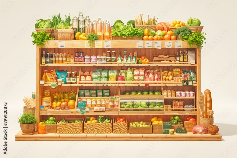 isometric shelf with shelves full of grocery products