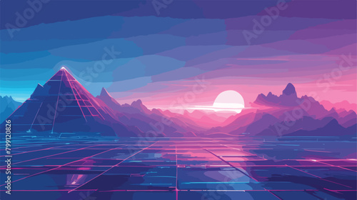 Retro futuristic landscape glowing cyber world with