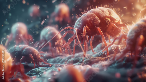 Dust mites visualized at a microscopic level their environment rendered in hyper-realistic detail under majestic cinematic light emphasizing the allergen challenge close-up detail photo