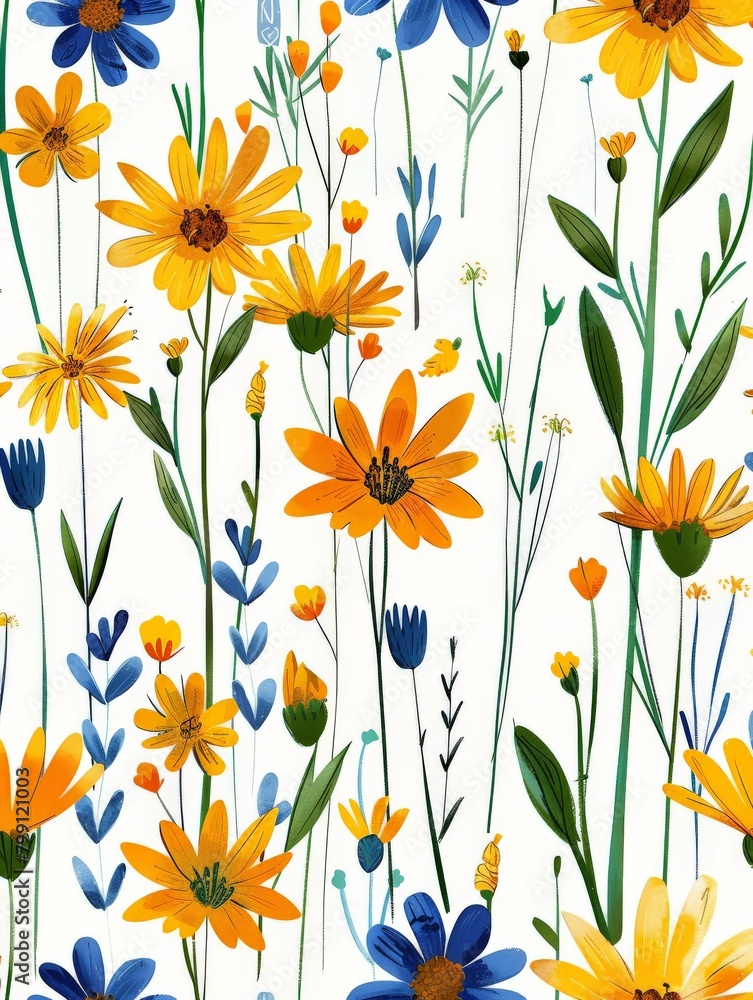 Yellow and Blue Flowers on White Background Yellow and Blue Flowers on White Background