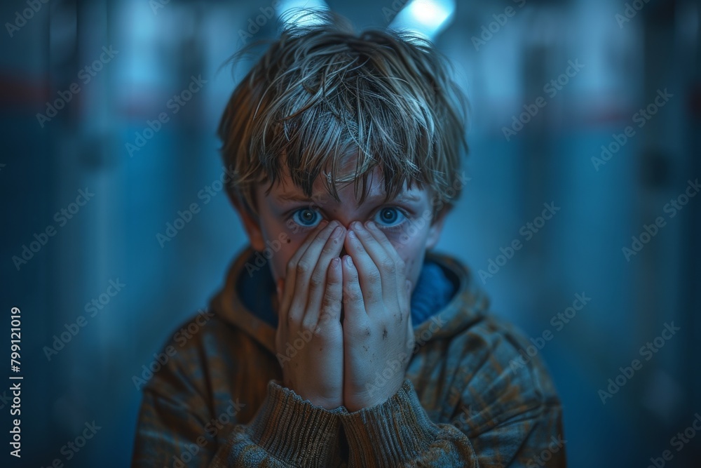 A solitary young individual appears to be deep in thought, seated in a dimly lit hallway, creating a mood of introspection and solitude