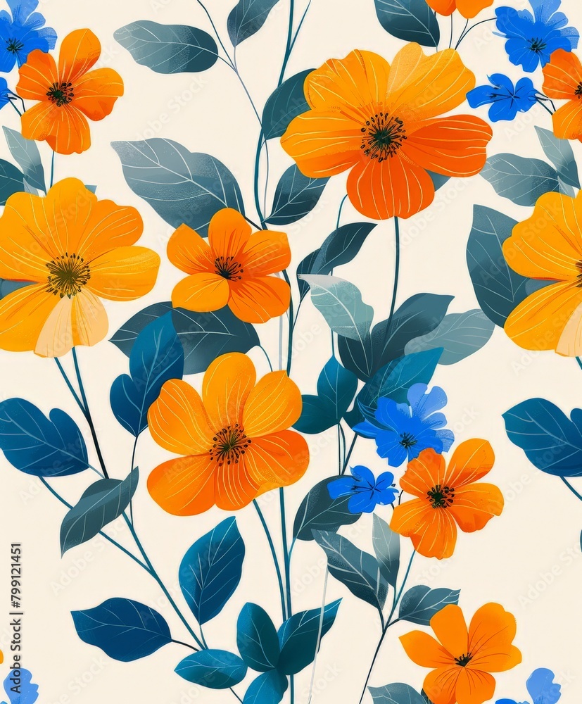 Orange and Blue Flowers Painting on White Background Orange and Blue Flowers Painting on White Background