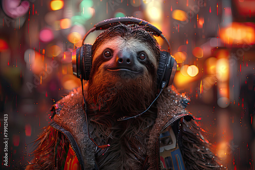 A sloth wearing headphones in the style of digital art, with a colorful background. Created with Ai