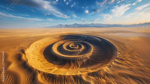 Wind-blown sand dunes forming spiral patterns in a vast desert photo