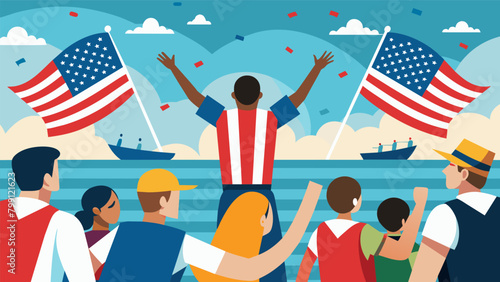 Cheers and shouts of USA can be heard from the spectators as they watch the boats proudly display their American flags.. Vector illustration