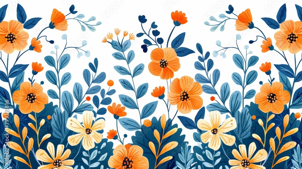 Orange and Blue Flowers Painting on White Background