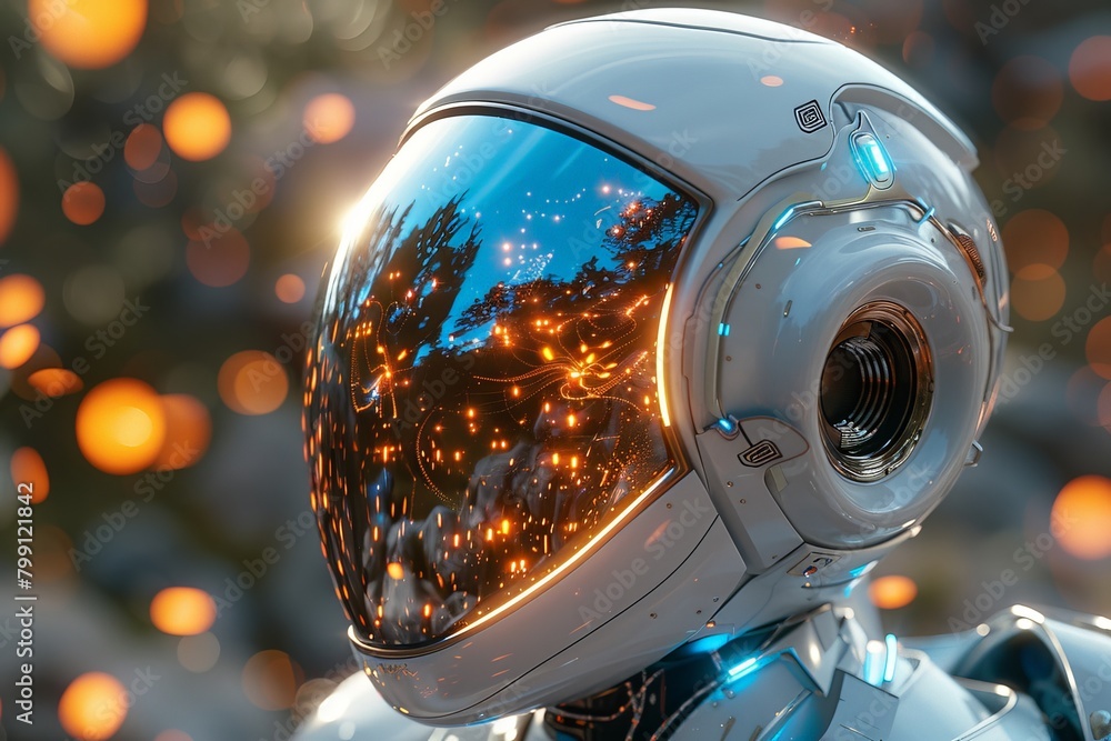 Reflections of a forest and twinkling lights on the shiny helmet of a futuristic humanoid robot, suggesting advanced technology Reflections of a forest and twinkling lights on the shiny helmet of a futuristic humanoid robot, suggesting advanced technology