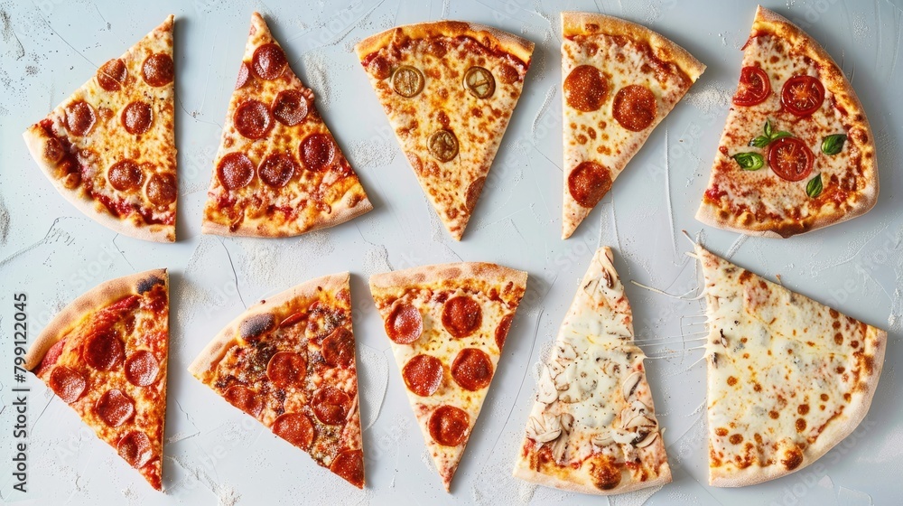 Assorted traditional Italian American pizza slices on a bright surface flatlay top view creative arrangement Assorted traditional Italian American pizza slices on a bright surface flatlay top view creative arrangement