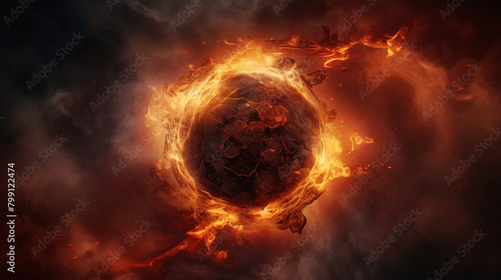 Fototapeta premium A fireball with a fire and smoke in the center background