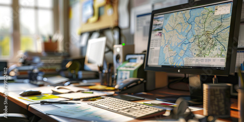 Close-up of a GIS analyst's desk with geographic information system maps and data, showcasing a job in GIS analysis photo