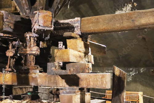 Historic wooden salt extraction machine in a salt mine Turda, Romania