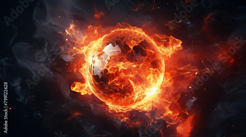 A fireball with a fire and smoke in the center background
