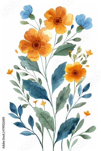 Vibrant Orange and Blue Flowers Watercolor Painting © BrandwayArt