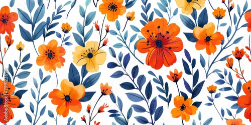 Orange and Blue Flower Pattern on White Background