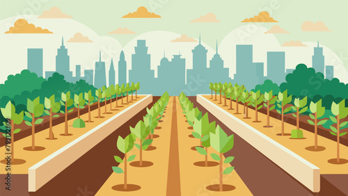 A community garden bursts with new life as rows of saplings are planted around the perimeter creating a natural barrier against the city noise.