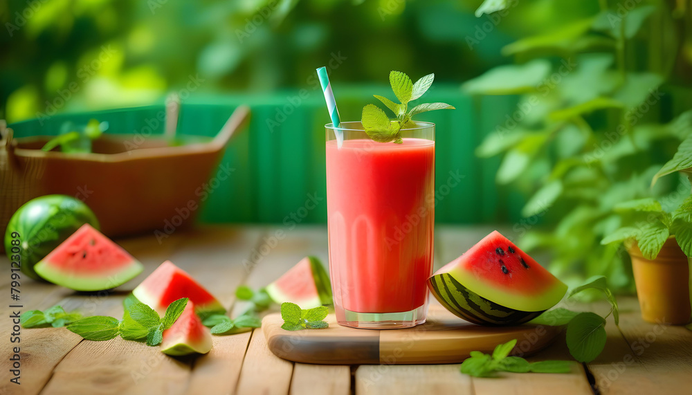 A glass filled with a watermelon smoothie, garnished with mint leaves background A glass filled with a watermelon smoothie, garnished with mint leaves background