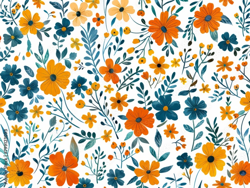 White Background With Orange and Blue Flowers