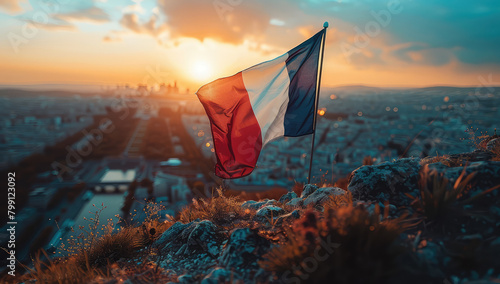 The French flag is flying high above the city of Paris, with the sun setting in the background. Created with Ai