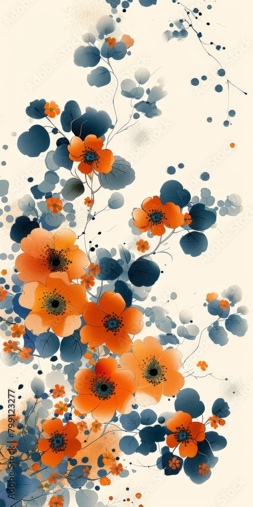 Orange and Blue Flowers on White Background Orange and Blue Flowers on White Background