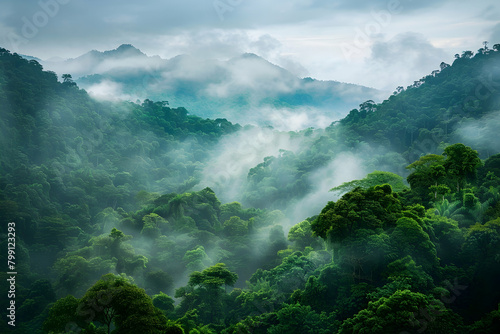 A breathtaking aerial view of the lush green mountains shrouded in mist, with dense forests